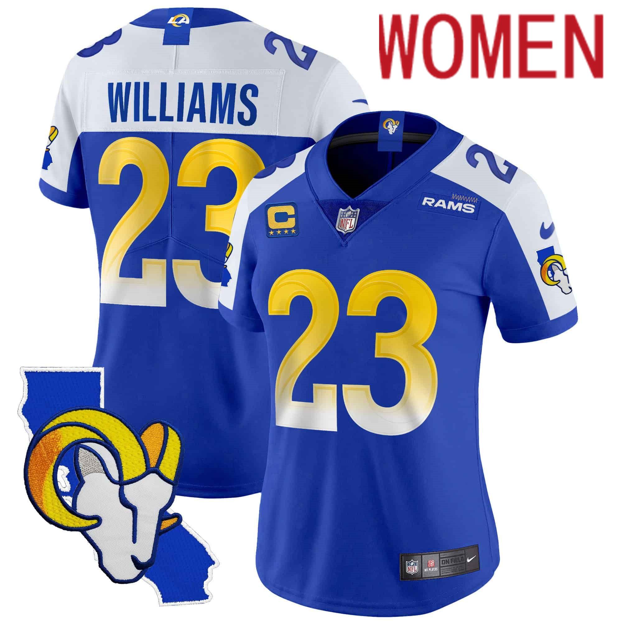 Women Los Angeles Rams #23 Williams Blue 2024 Nike California Patch Vapor Limited NFL Jersey